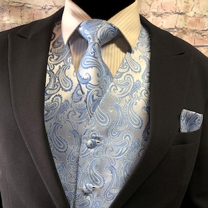 Light Blue Paisley Men&#39;s Vest Longtie and Pocket Square 3pcs Set for all formal or casual occasion Prom Wedding Party