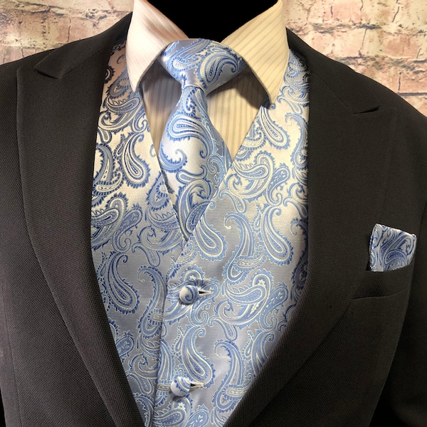 Light Blue Paisley Men's Vest Longtie and Pocket Square 3pcs Set for all formal or casual occasion Prom Wedding Party