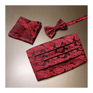 Red / Black Paisley Men’s Cummerbund And Bow tie & Pocket Square Set