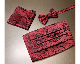 Red / Black Paisley Men’s Cummerbund And Bow tie & Pocket Square Set