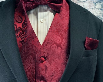 Burgundy Paisley Men's Vest Pre-tied bow tie and Pocket Square 3pcs Set Wedding Formal Prom