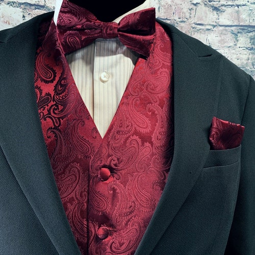 Red / Black Paisley Men's Vest Pre-tied Bow Tie and Pocket - Etsy