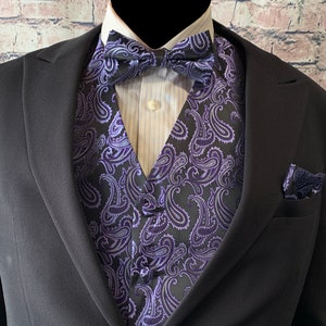 Purple / BLACK Tones Paisley Men&#39;s Vest Bow Tie and Pocket Square 3pcs Set