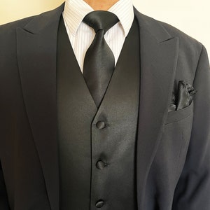 CLASSIC BLACK Solid Plain Men&#39;s Vest Longtie and Pocket Square 3pcs Set for all formal or casual occasion Prom Wedding Party