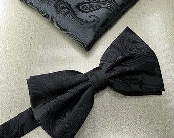 Men's BLACK Paisley Pretied BOW TIE and Pocket Square Handkerchief Hankie Set Formal Casual Party Christmas Holiday Prom