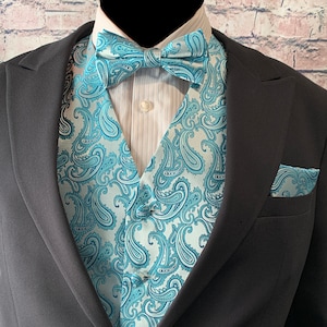 Turquoise Blue Paisley Men&#39;s Vest Pre-tied bow tie and Pocket Square 3pcs Set for all formal or casual Prom Wedding Party