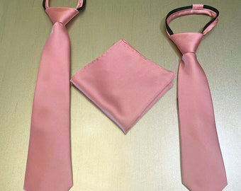 Dusty Rose Pink - Kid's 11" or 14" inch Zipper Tie Matching Pocket Square Hanky Handkerchief - solid - choose size 2022