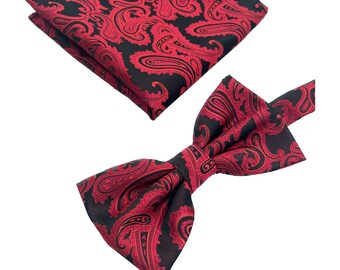 Paisley RED / BLACK  Pretied bow tie and Pocket Square Handkerchief Hankie Set Wedding Formal Prom