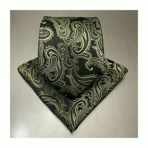 Olive Green Black Paislely Self tie Neck tie and Pocket Square Handkerchief Hankie Set Party Christmas Holiday Prom