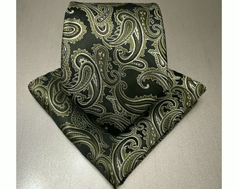 Olive Green Black Paislely Self tie Neck tie and Pocket Square Handkerchief Hankie Set Party Christmas Holiday Prom