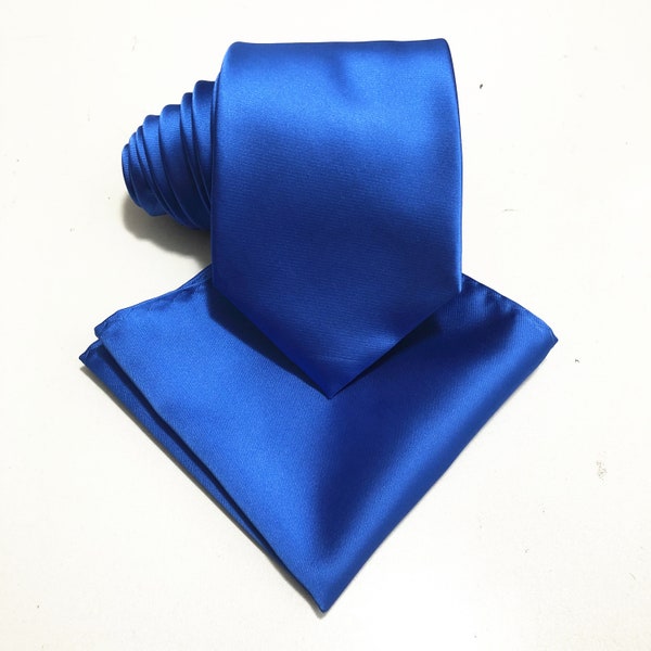 Microfiber Royal Blue Men's solid plain Self tie Neck tie and Pocket Square Handkerchief Hankie Set