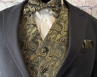 Champagne Bronze Gold / Black Paisley Men's Vest Bow Tie and Pocket Square 3pcs Set