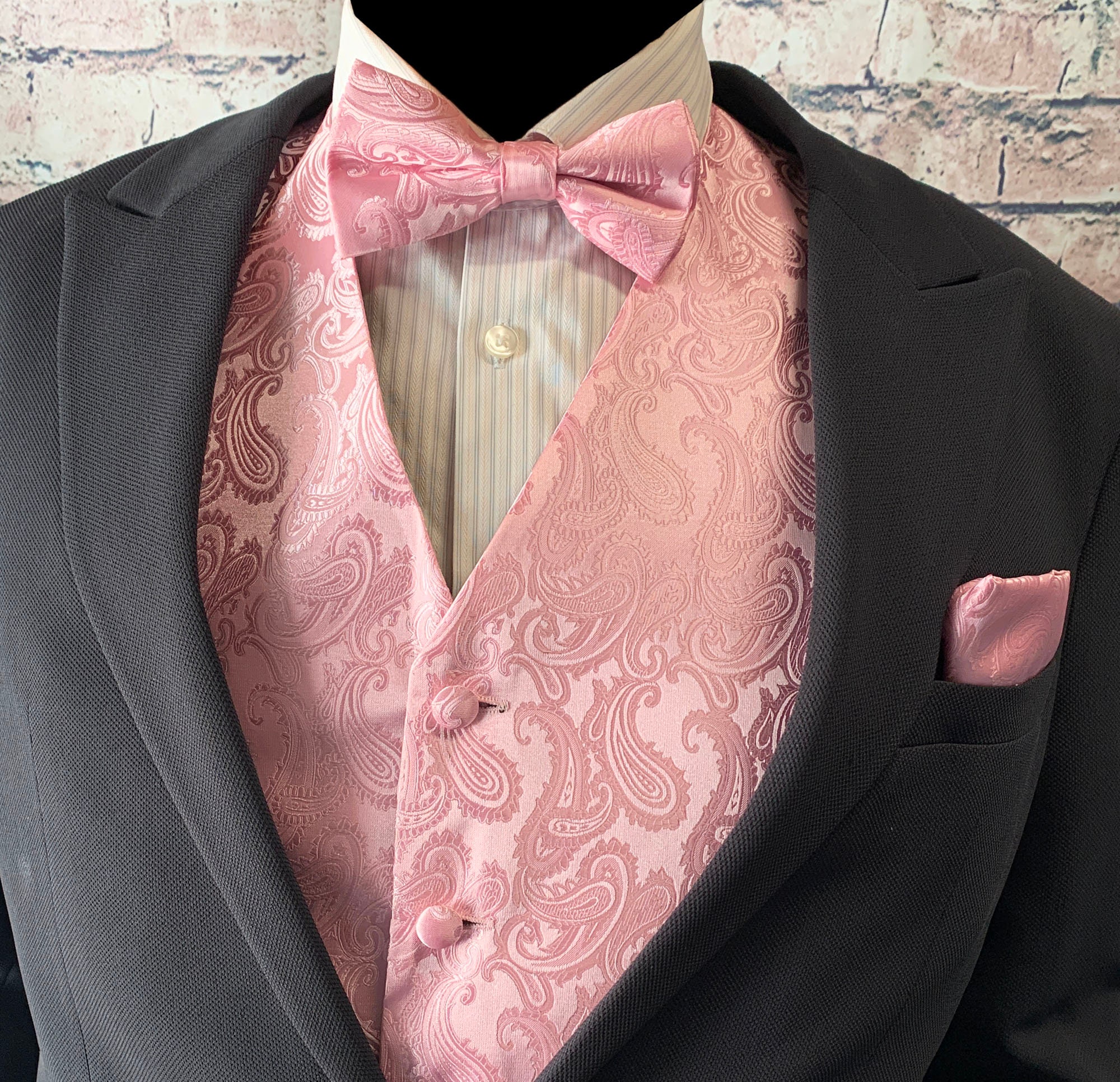 Light Pink Paisley Men's Vest Pre-tied Bow Tie and Pocket Square