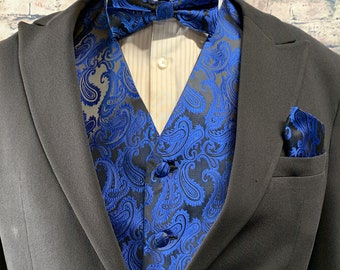 Royal Blue / Black Two Tone Paisley Men's Vest Pre-tied bow tie and Pocket Square 3pcs Set for all formal or casual Prom Wedding Party