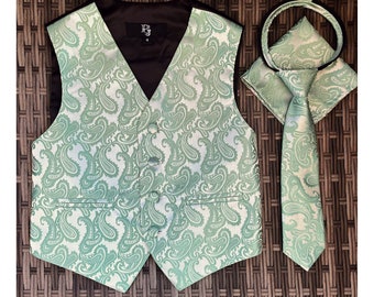 Ensemble de 3 gilets cachemire vert menthe pour enfants, cravate à glissière et pochette de costume pour toutes les occasions formelles ou décontractées, fête de mariage 2023