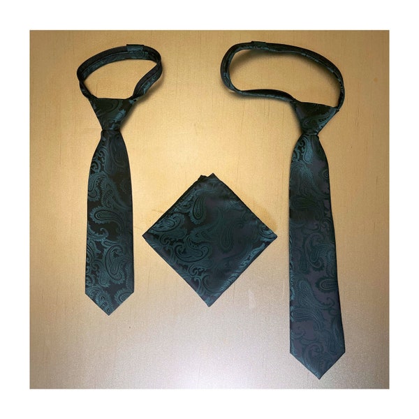Paisley Kid's 11 "oder 14" Zoll Reißverschluss Krawatte Passende Einstecktuch Einstecktuch - Juniper Dark FOREST GREEN 2022