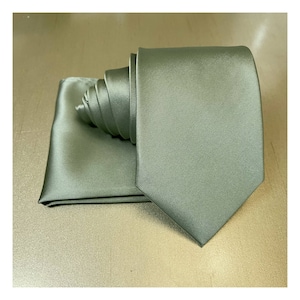 New 2023 Dusty Satin Sage Green Solid Self tie Neck tie and Pocket Square Handkerchief Hankie Set - Classic 3.5" Width