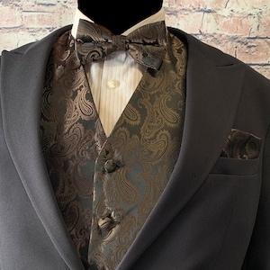 Brown Paisley Men&#39;s Vest Bow Tie and Pocket Square 3pcs Set