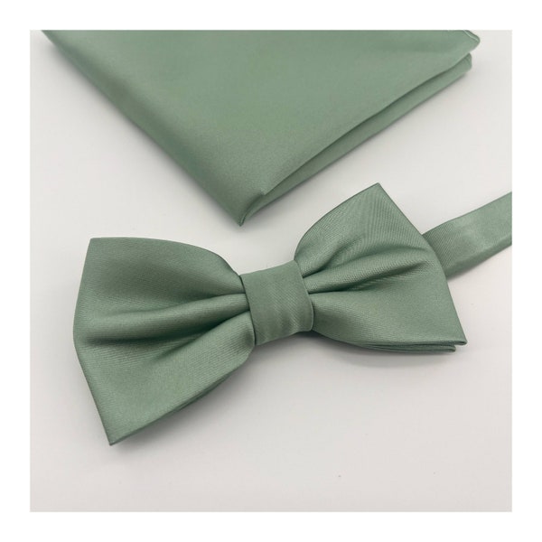 NEW KIDS Dusty Satin Sage Green Solid Pretied butterfly bow tie and Pocket Square Set Wedding 2023