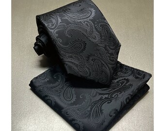 Black Paisley Classic Self Tie Neck Tie y Pocket Square Set Formal Ceremonia de graduación de boda