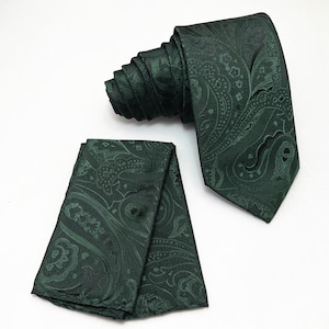 DARK FOREST GREEN Floral Paisley Slim 2.75" Self tie Neck tie and Pocket Square Handkerchief Hankie Set