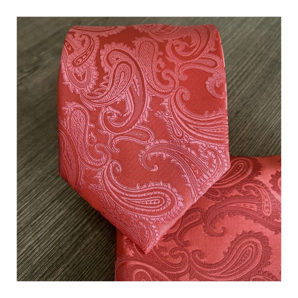 Coral Paisley Self tie Neck tie and Pocket Square Set Wedding Party Christmas Holiday Prom