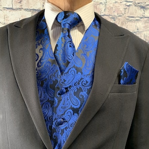 Royal Blue / Black Two Tone Paisley Men&#39;s Vest Longtie and Pocket Square 3pcs Set for all formal or casual occasion Prom Wedding Party