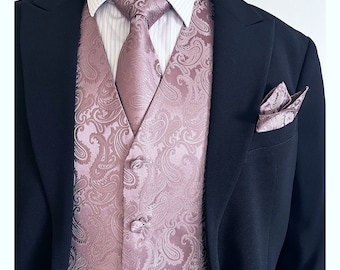 Dusty Mauve Quartz Paisley Men's Vest Longtie and Pocket Square 3pcs Set for all formal or casual occasion Prom Wedding Party