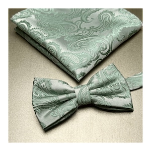 May include: A green paisley patterned bow tie and pocket square set. The bow tie and pocket square are made of a silky fabric.