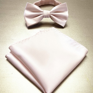 Blush Pink Men's Pretied Bow Tie and Pocket Square Solid Plain Handkerchief Hankie Set Pale Blushing image 1