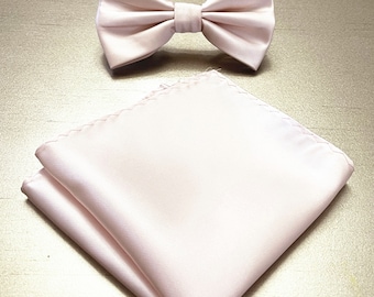 Blush Pink Men's Pretied Bow Tie and Pocket Square Solid Plain Handkerchief Hankie Set Pale Blushing