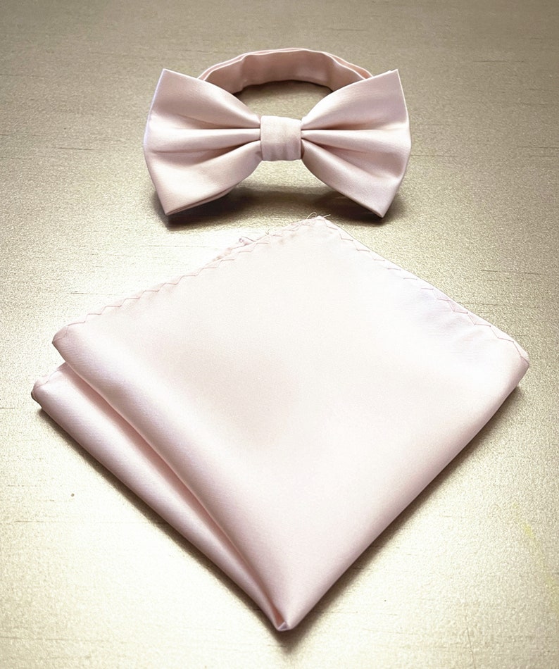 Blush Pink Men's Pretied Bow Tie and Pocket Square Solid Plain Handkerchief Hankie Set Pale Blushing image 1