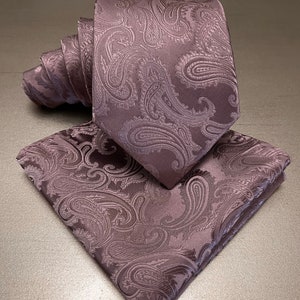 Paisley Dusty Mauve Quartz Self tie Neck tie and Pocket Square Handkerchief Hankie Set