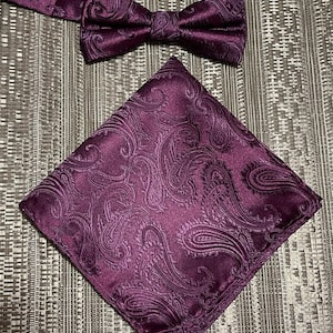 Kid Boy&#39;s Dark Purple Eggplant Paisley Straight Cut Style Pre-tied Bow tie & Pocket Square Party Christmas Holiday