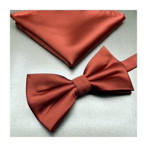 May include: A rust-coloured bow tie and matching pocket square. The bow tie is made of a satin material and has a classic shape.
