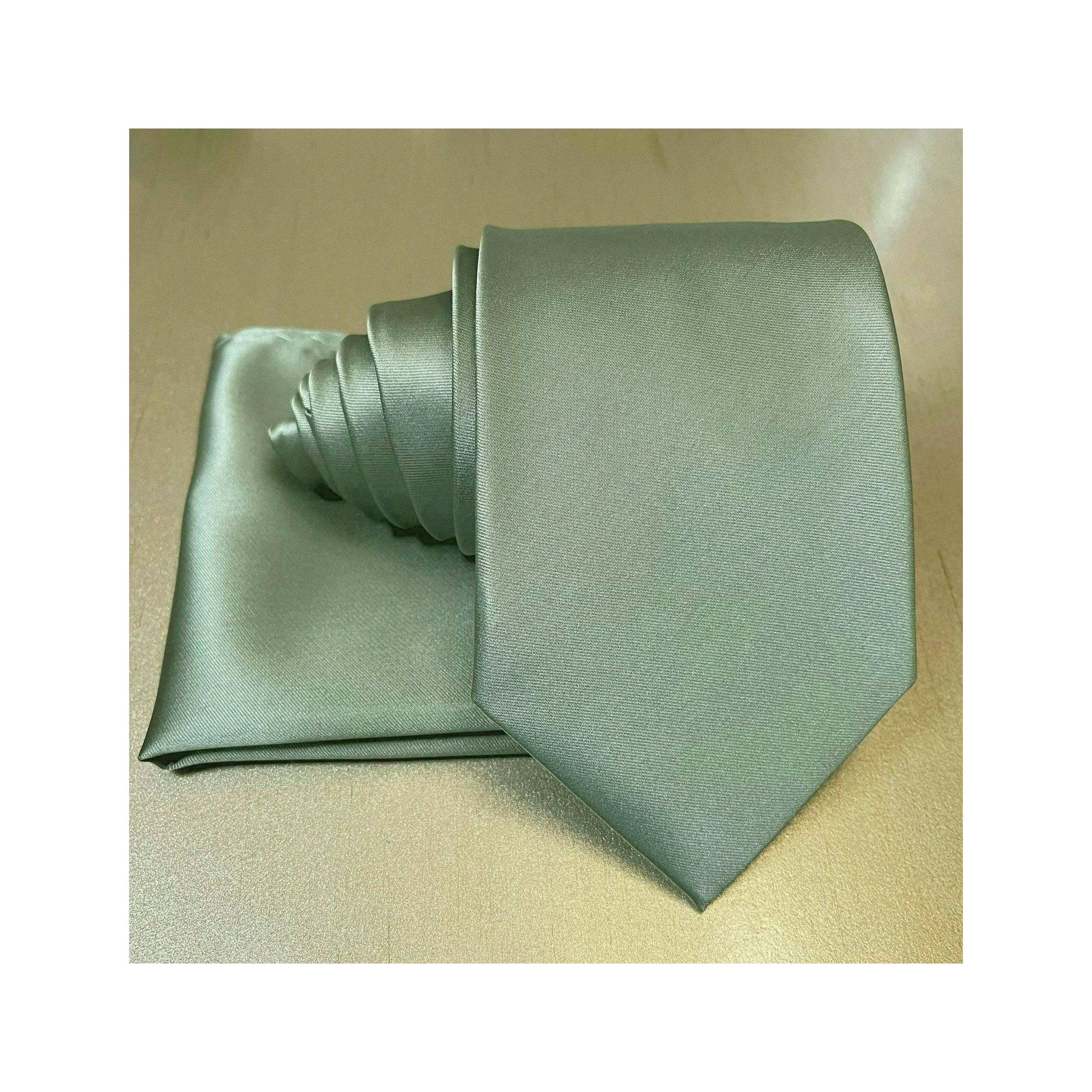 Matcha Green Solid Self tie Neck tie and Pocket Square Handkerchief Hankie Set - Classic 3.5" Width 2025 Gift