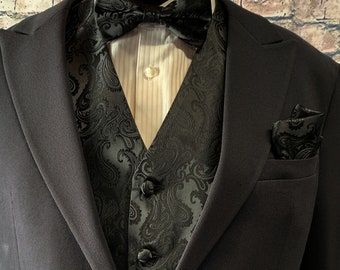 Black Paisley Men's Vest Pre-tied bow tie and Pocket Square 3pcs Set for all formal or casual Prom Wedding Party