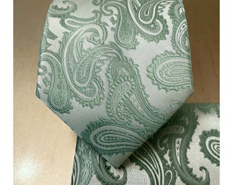 Mint Sage GREEN Paisley  Self tie Neck tie and Pocket Square Handkerchief Hankie Set - Classic 3.5" Width