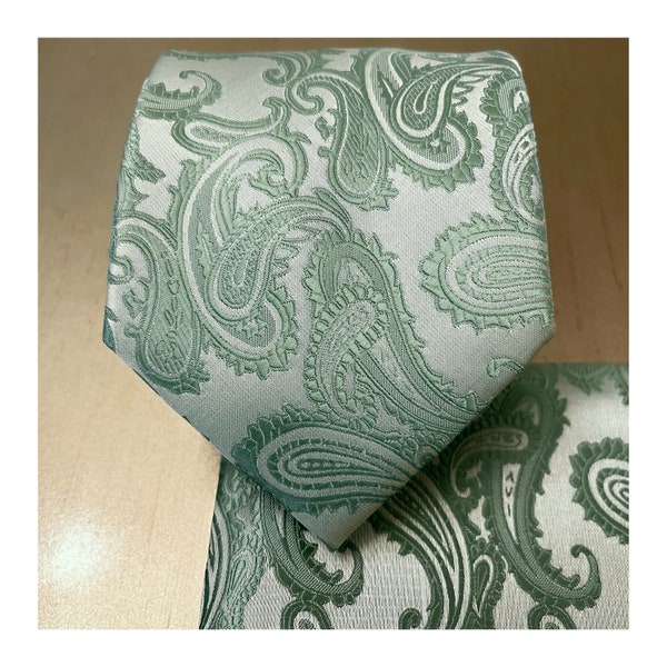 Mint Sage GREEN Paisley  Self tie Neck tie and Pocket Square Handkerchief Hankie Set - Classic 3.5" Width