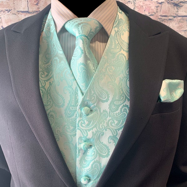 Aqua Paisley Herren Weste Longtie und Pocket Square 3Er Set für alle formellen oder lässigen Anlass Abiball Party