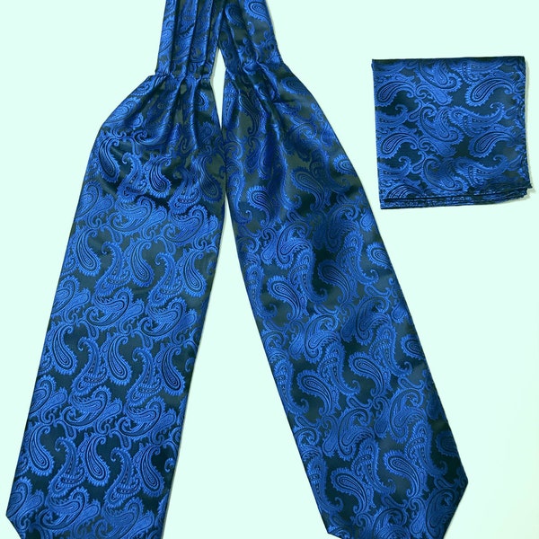 Royal Blue / Black Paisley Free Style Casual Ascot Cravat and Pocket Square Set