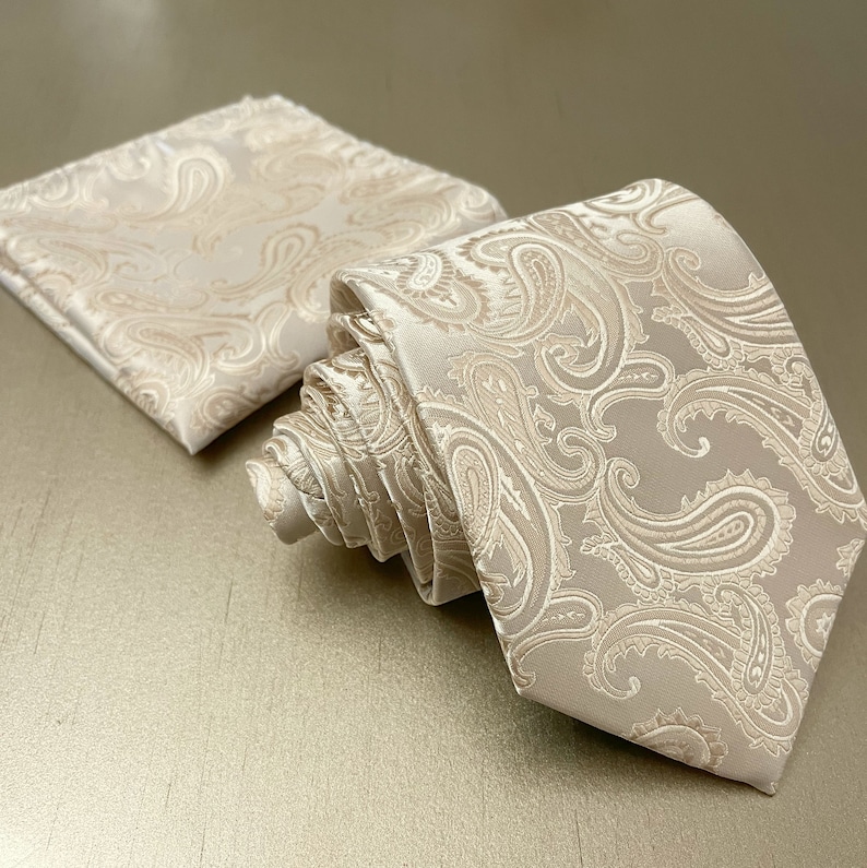 Beige Paisley Self tie Neck tie and Pocket Square Handkerchief Hankie Set Classic 3.5 Width Wedding Champagne image 2