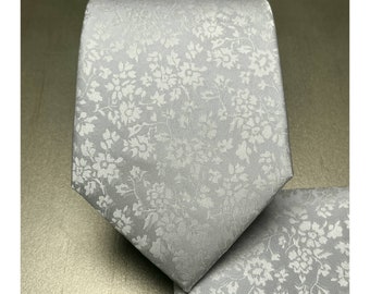 Corbata clásica plateada floral para el cuello y pañuelo de bolsillo, conjunto formal para boda, padrino de graduación