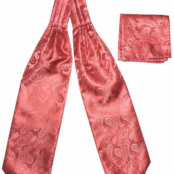 CORAL Paisley Free Style Casual Ascot Cravat and Pocket Square Handkerchief Hankie Set