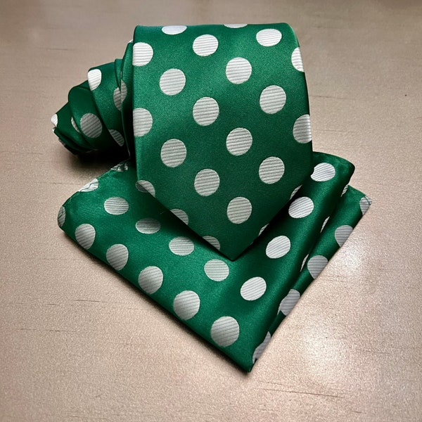 GREEN / White BIg Polka Dots Men's Self tie Neck tie and Pocket Square Handkerchief Hankie Set Party Christmas Holiday Prom Formal