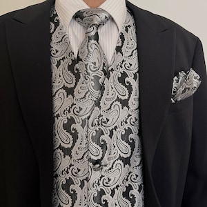 SILVER / BLACK Paisley Men&#39;s Vest Longtie and Pocket Square 3pcs Set for all formal or casual occasion Prom Wedding Party Gift