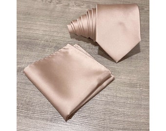 Matte Satin Rose Gold Self tie Neck tie and Pocket Square Set Wedding Groomsman Prom Sand