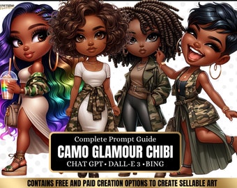 ChatGPT & DALL-E 3 AI Art Prompt Guide, 30 Camo Glamour African American Chibi Girl  Chatgpt prompts, For ebook template canva, plr,