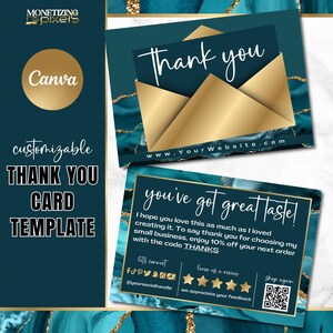 Plantilla de tarjeta de agradecimiento Canva: tarjeta de agradecimiento por pedido en dorado; marca para pequeñas empresas; plantilla de vale de regalo; ágata verde azulado y dorado
