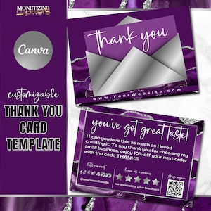 Plantilla de tarjeta de agradecimiento Canva - Tarjeta de agradecimiento de pedido plateada - Marca para pequeñas empresas - Plantilla de vale de regalo - Ágata morada y plata